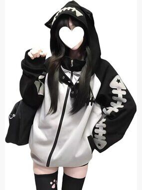 Kawaii Cat Ear Zip Up Hoodie Detachable Hood Harajuku Fishbone Print Streetwear